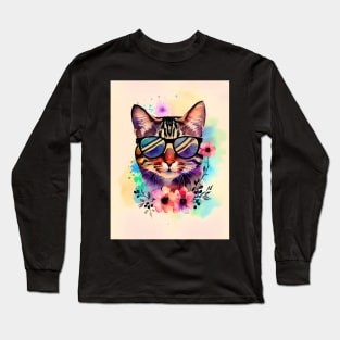 Cool Cat with Sunglasses Watercolor Flowers Kitty Long Sleeve T-Shirt